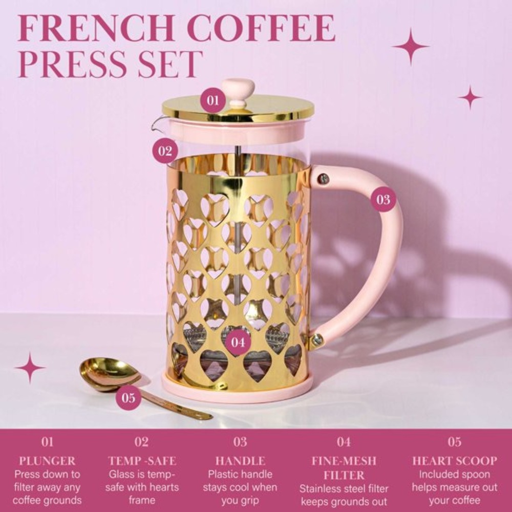 New Paris Hilton French Press Coffee Maker with Heart Shaped Scoop 34 Ounce Pink